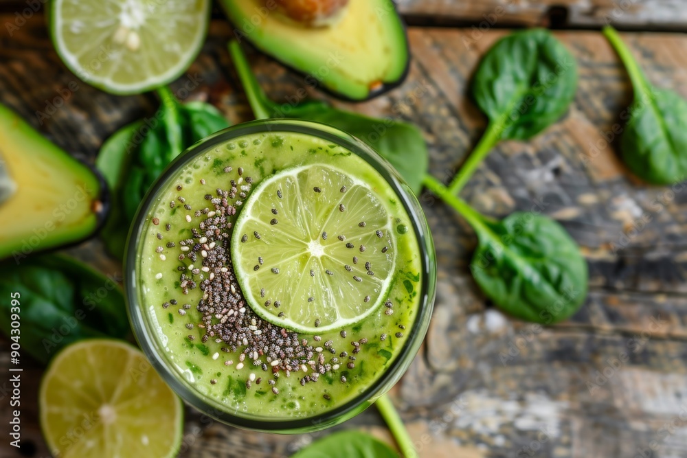Healthy Green Avocado and Spinach Smoothie with Lime and Chia Seeds on Rustic Wooden Table Healthy Green Avocado and Spinach Smoothie with Lime and Chia Seeds on Rustic Wooden Table