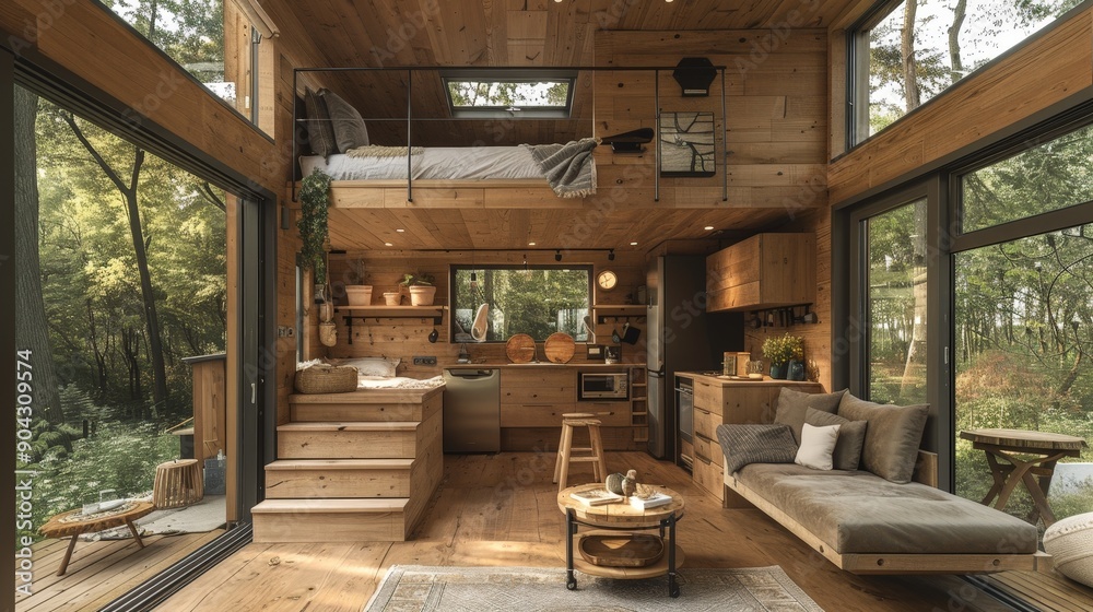 A small, light-filled cabin with wooden walls, floors, and furniture. Windows look out to trees. There's a loft bed and a seating area A small, light-filled cabin with wooden walls, floors, and furniture. Windows look out to trees. There's a loft bed and a seating area