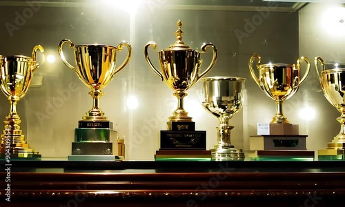 A glass case made of polished wooden elements, filled with an array of gold and silver trophies (mov)
