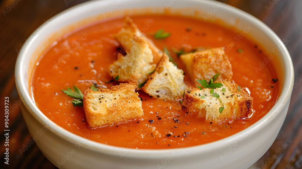 Bowl of creamy tomato soup with a side of croutons Bowl of creamy tomato soup with a side of croutons