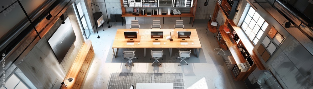 A large room with a television on the wall and a rug on the floor. The room is filled with computers and chairs A large room with a television on the wall and a rug on the floor. The room is filled with computers and chairs