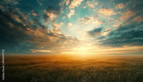 A stunning sunset over a vast, golden wheat field with dramatic, cloud-filled sky casting warm light on the landscape.