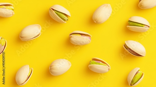 Wallpaper Mural Pistachio seeds, scattered on a vibrant background, flat design illustration, high-resolution photo, realistic photo, hyper realistic Torontodigital.ca