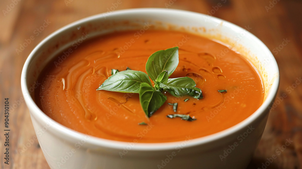 Bowl of creamy tomato soup with basil garnish Bowl of creamy tomato soup with basil garnish