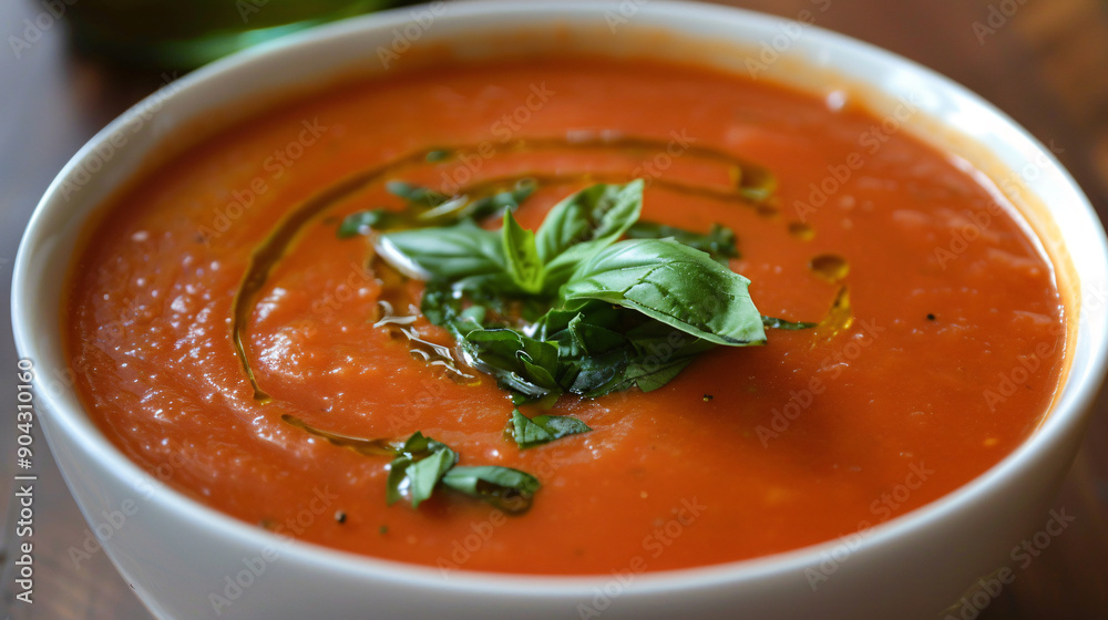 Bowl of creamy tomato soup with basil garnish Bowl of creamy tomato soup with basil garnish