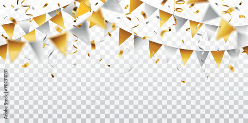 Vector decorative hanging gold and silver cofetti, streamers and garlands, party celebration decoration, seamless pattern, border or banner
