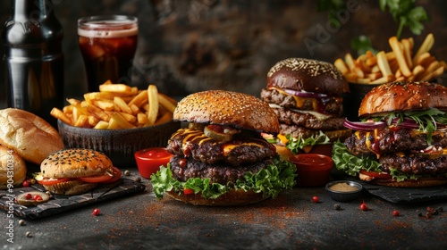 Several burgers, various toppings, fries, and drinks are on a dark surface