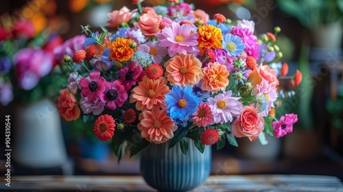 A dark-colored vase filled with colorful flowers, including gerbera daisies, carnations, and others, in reds, oranges, yellows, blues, and pinks