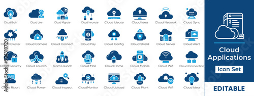 Information Technology | cloud application icon set. Includes cloud computing, infrastructure, development, security, and business icons. Vector graphics for easy customization.