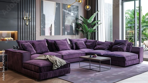 Modern living room interior with stylish comfort with big stylish dark orchid sofa