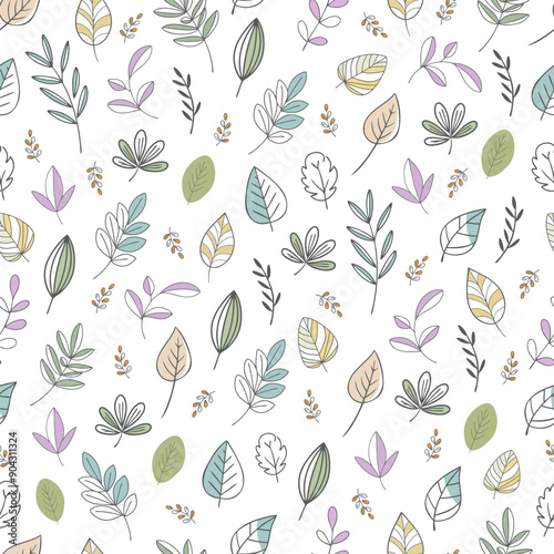 Cute and delicate seamless background pattern of leaves and twigs in flat style