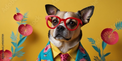 dog wearing a bright colorful blazer and glasses on yellow background.