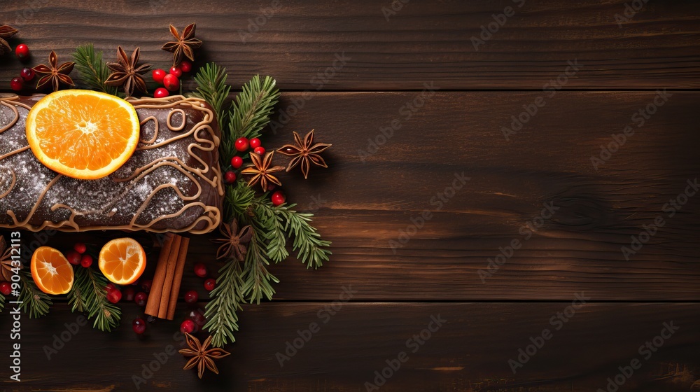 Fresh cake, fir branches and citrus fruits on a dark background. Festive mood. Happy New Year concept Fresh cake, fir branches and citrus fruits on a dark background. Festive mood. Happy New Year concept