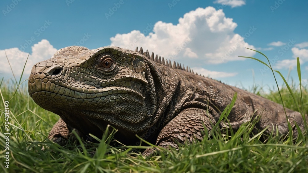 A Komodo dragon laying in the grass, looking up at the sky. A Komodo dragon laying in the grass, looking up at the sky.
