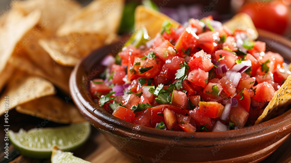 Bowl of fresh salsa with crispy tortilla chips Bowl of fresh salsa with crispy tortilla chips