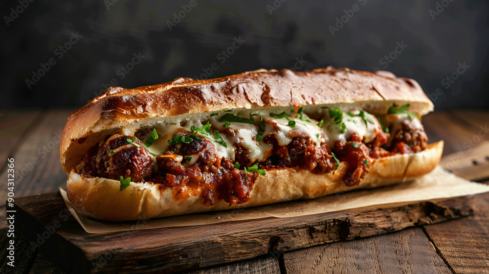 Meatball sub with melted cheese and fresh greens is being made Meatball sub with melted cheese and fresh greens is being made