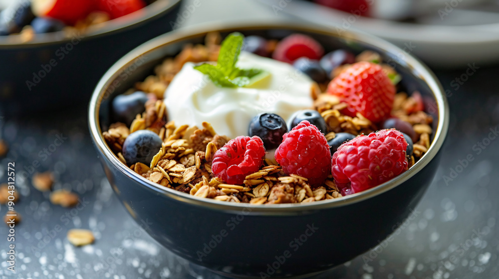 Bowl of granola with yogurt and fresh berries Bowl of granola with yogurt and fresh berries