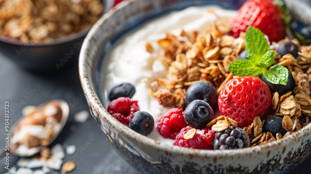 Bowl of granola with yogurt and fresh berries Bowl of granola with yogurt and fresh berries