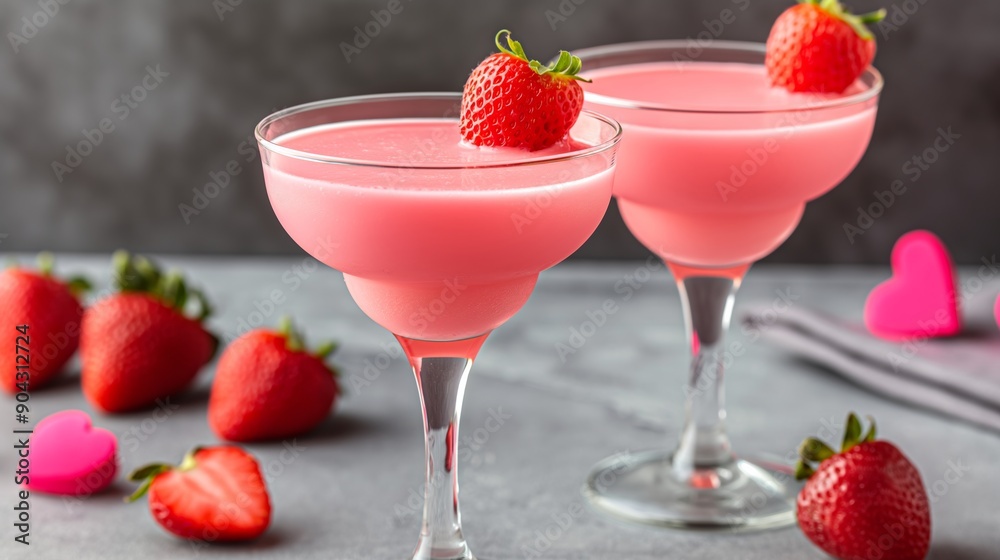 Two glasses of pink drink with strawberries on top. glass of pink strawberry smoothie with strawberry slices on top. The smoothie are served in tall glasses and are placed on a table Two glasses of pink drink with strawberries on top. glass of pink strawberry smoothie with strawberry slices on top. The smoothie are served in tall glasses and are placed on a table