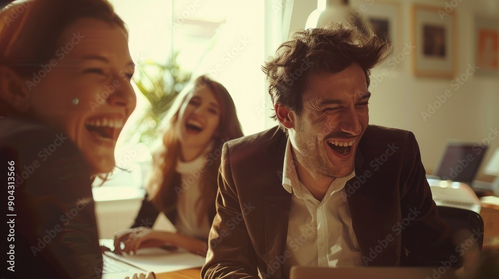 Happy businessman is laughing happily  in a meeting with his co-workers.He's the one that brings humour to the team