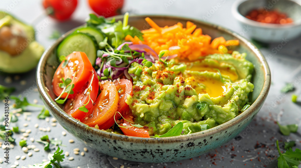 Bowl of guacamole with sliced vegetables