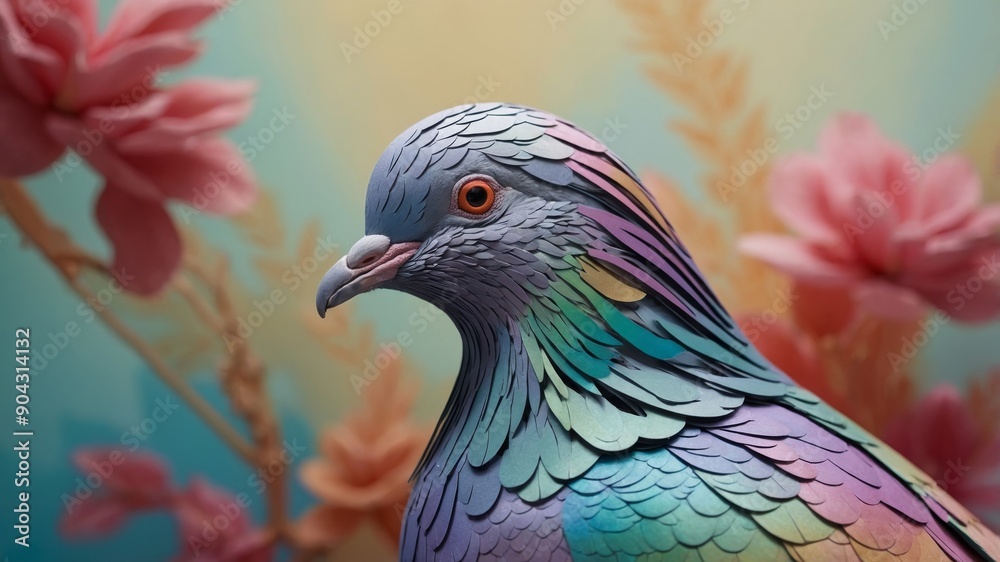 Close up of a pigeon with iridescent feathers on a soft background. Close up of a pigeon with iridescent feathers on a soft background.