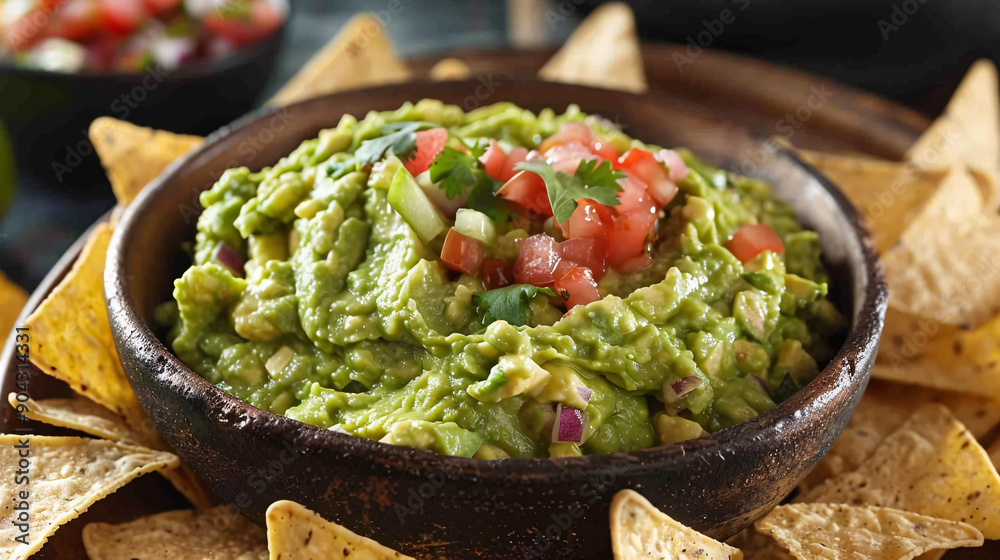 Bowl of guacamole with tortilla chips and salsa Bowl of guacamole with tortilla chips and salsa