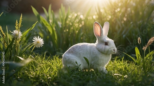 Cute fluffy little rabbit on a meadow grass field in the morning, happy bunny running in green garden with sunlight background, symbol of Easter festival day.