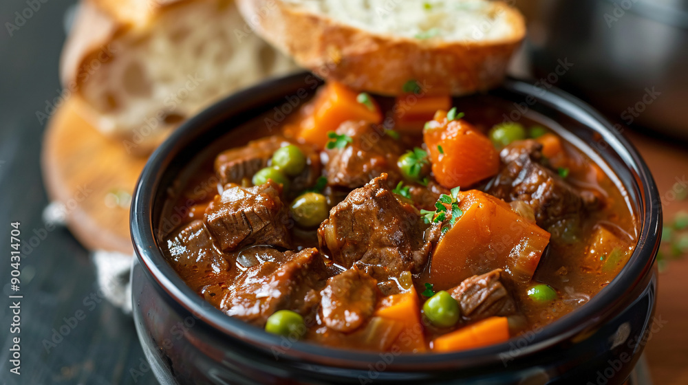 Bowl of hearty beef stew with bread Bowl of hearty beef stew with bread