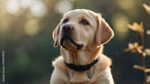 Close up of a cute Labrador puppy looking up on blurred outdoor background with copy space.