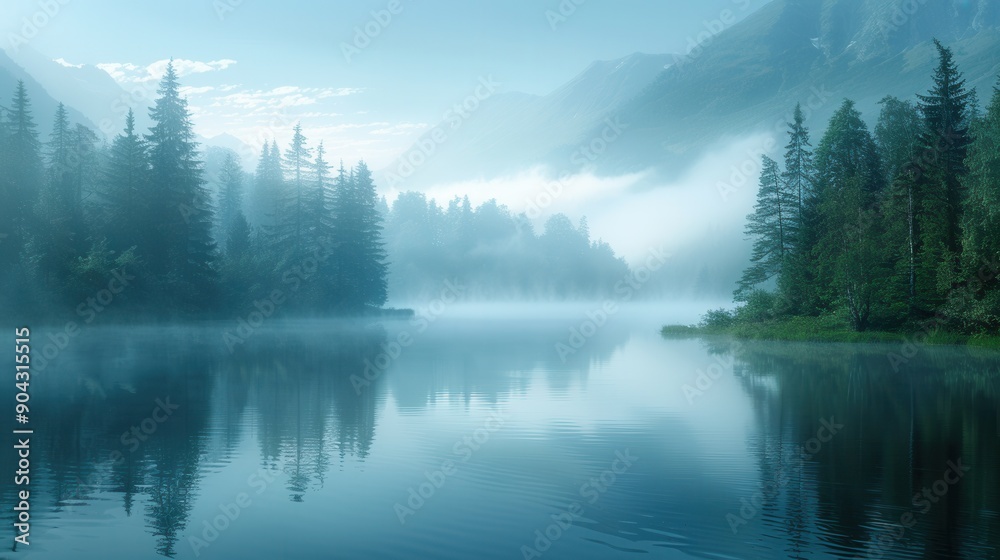 Fototapeta premium A serene image of a misty lake surrounded by forests and mountains.