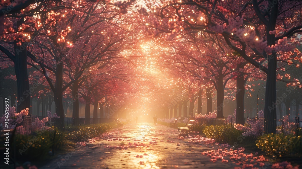 Fototapeta premium A path lined with pink cherry blossom trees, bathed in golden sunlight.