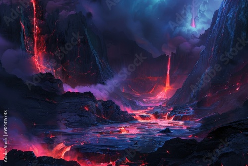 Molten rock flows through a volcanic landscape with jagged rock formations under a purple sky photo