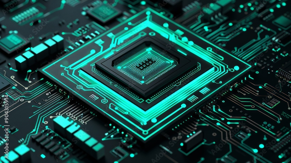 Close up photo of teal pcb printecd circuit board electric paths
Close up photo of teal pcb printecd circuit board electric paths