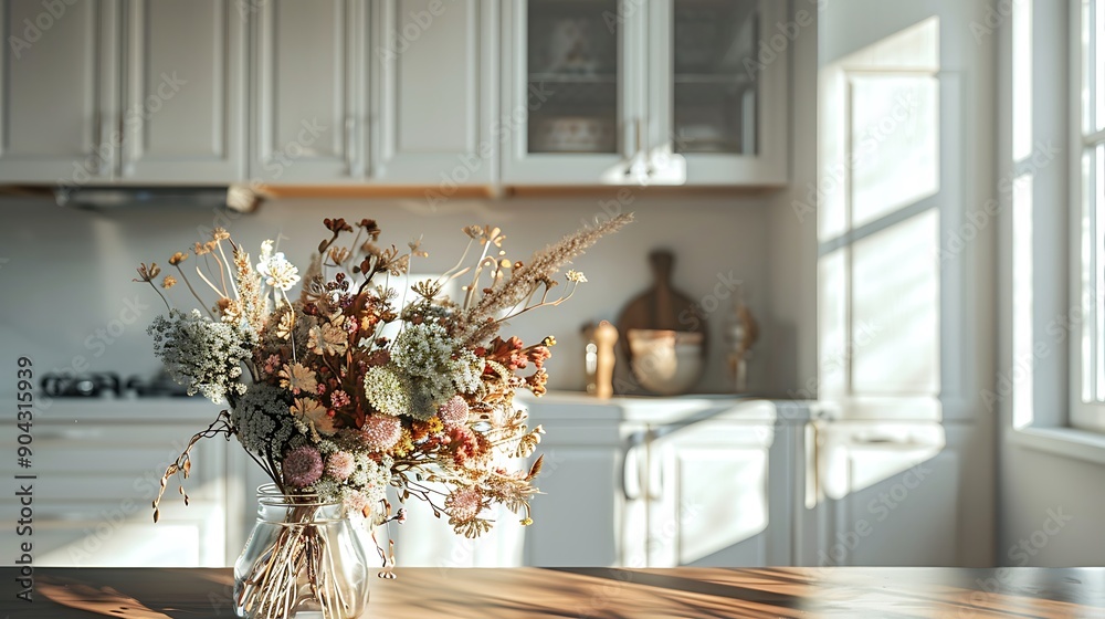 Dried flower bouquet on kitchen table, white cabinets in background, wooden elements, cozy daylight, shadow play, home decor photo. Dried flower bouquet on kitchen table, white cabinets in background, wooden elements, cozy daylight, shadow play, home decor photo.