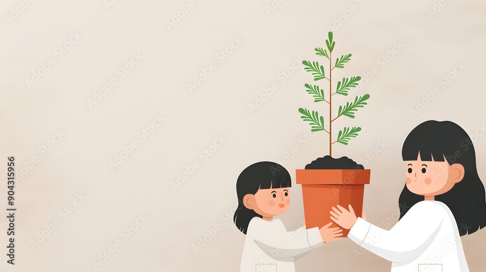 Two young girls holding a potted plant together, symbolizing teamwork and care for nature Two young girls holding a potted plant together, symbolizing teamwork and care for nature