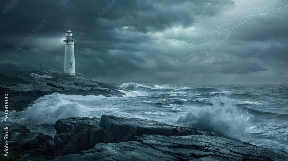 A solitary lighthouse standing tall on a rugged coastline, overlooking a stormy sea A solitary lighthouse standing tall on a rugged coastline, overlooking a stormy sea