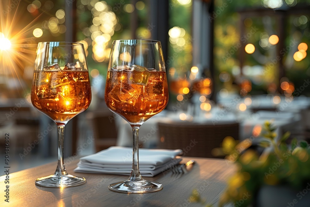 two glasses of wine on a table.
two glasses of wine on a table.