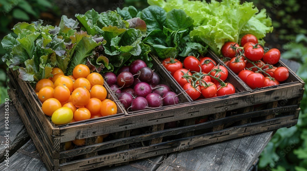A wooden crate holds various fresh produce: orange and yellow cherry tomatoes, red and purple cherry tomatoes, and bunches of lettuce. A wooden crate holds various fresh produce: orange and yellow cherry tomatoes, red and purple cherry tomatoes, and bunches of lettuce.
