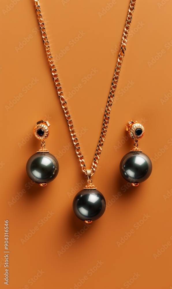 Obraz premium Elegant black pearl jewelry set on a warm beige background
