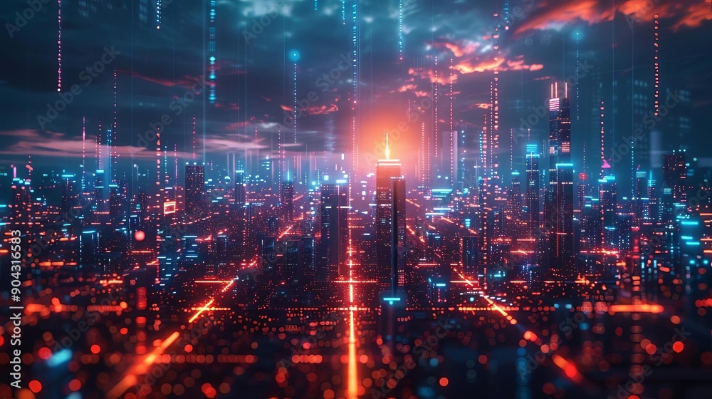A futuristic cityscape with buildings interconnected through secure and encrypted network systems