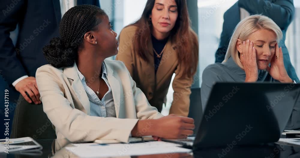 Sad, group and people with laptop in office for reading feedback, fail results and investment loss of financial risk. Staff, frustrated and digital website to review email, budget news and bankruptcy