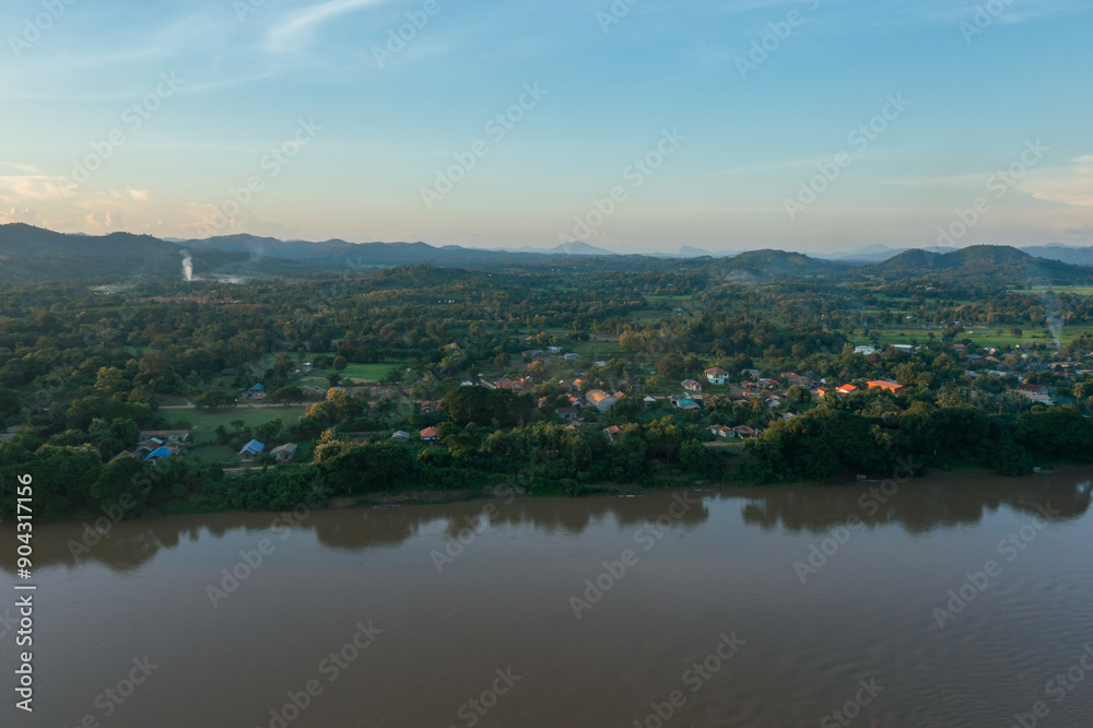 Aerial view of Mekong River Community in Loei province, Thailand. Aerial view of Mekong River Community in Loei province, Thailand.