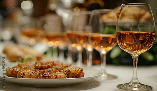 a plate of food on a table with wine glasses.