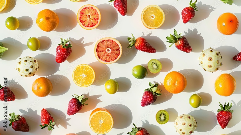 Variety of fruits laid out on an abstract white background, captured from a top-down perspective, promoting health and wellness. Variety of fruits laid out on an abstract white background, captured from a top-down perspective, promoting health and wellness.