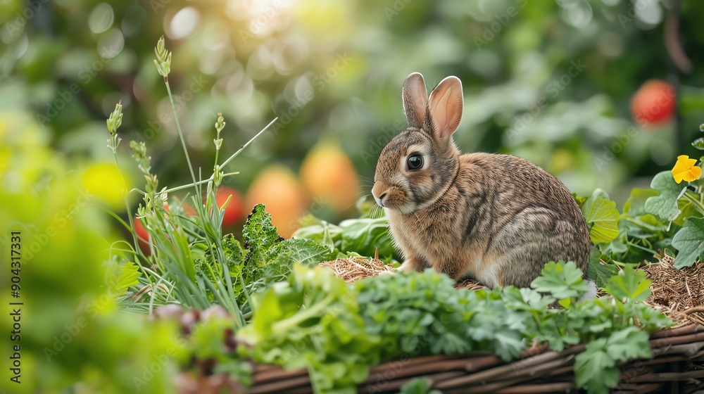 Obraz premium Gourmet rabbit food in a lush garden setting with fresh vegetables and herbs, blank space for text