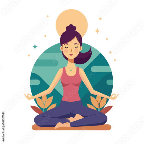 Calm woman meditating in lotus pose, moment Present Awareness Mindful Breath