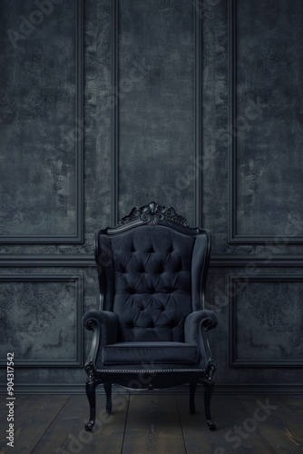 Elegant Vintage Black Armchair Against Dark Textured Wall in Classic Interior Design