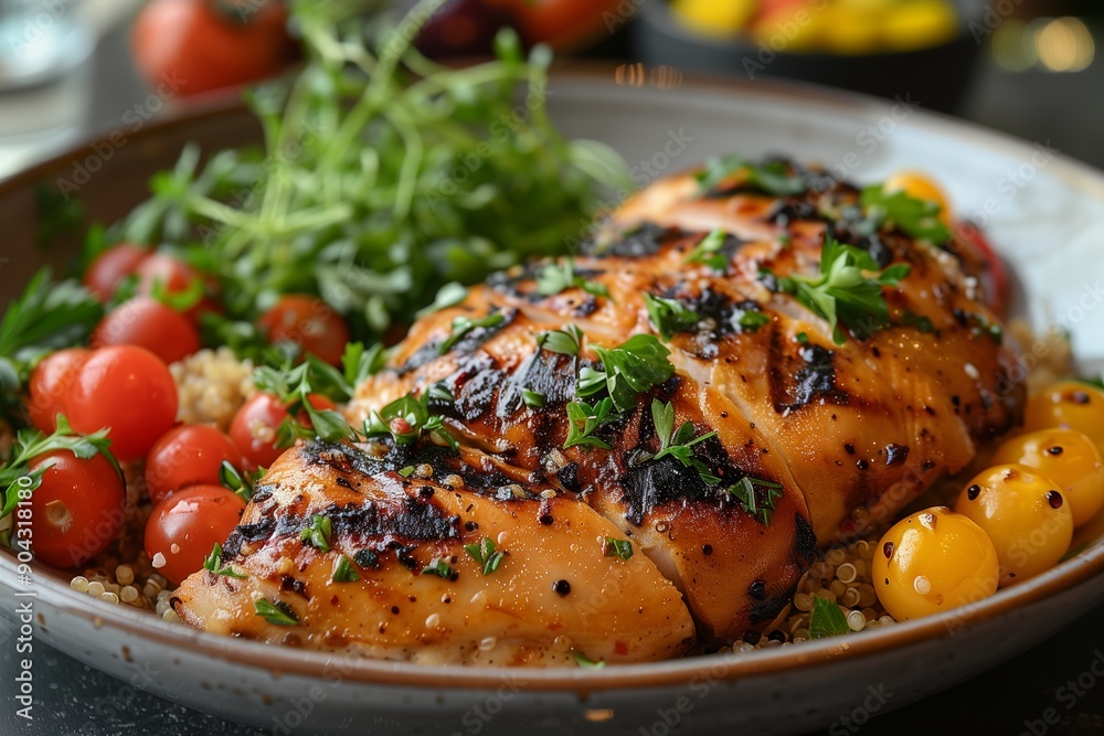 Grilled Chicken Breast Served With Fresh Tomatoes and Quinoa Salad on a Rustic Platter Grilled Chicken Breast Served With Fresh Tomatoes and Quinoa Salad on a Rustic Platter