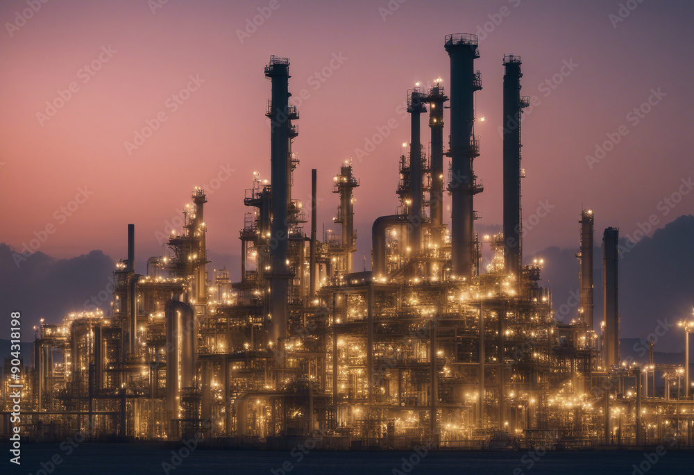 Fototapeta premium Oil refinery plant for crude oil industry on desert in evening twilight energy industrial machine fo